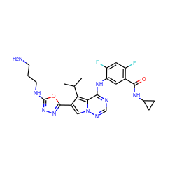 CC(C)c1c(-c2nnc(NCCCN)o2)cn2ncnc(Nc3cc(C(=O)NC4CC4)c(F)cc3F)c12 ZINC000029127974