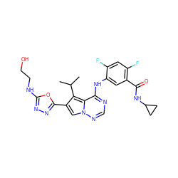 CC(C)c1c(-c2nnc(NCCO)o2)cn2ncnc(Nc3cc(C(=O)NC4CC4)c(F)cc3F)c12 ZINC000029128129