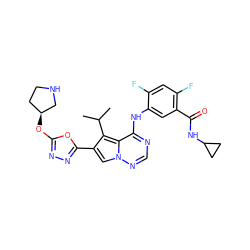 CC(C)c1c(-c2nnc(O[C@H]3CCNC3)o2)cn2ncnc(Nc3cc(C(=O)NC4CC4)c(F)cc3F)c12 ZINC000029127818