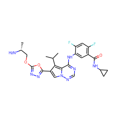 CC(C)c1c(-c2nnc(OC[C@@H](C)N)o2)cn2ncnc(Nc3cc(C(=O)NC4CC4)c(F)cc3F)c12 ZINC000029127872