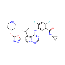 CC(C)c1c(-c2nnc(OC3CCNCC3)o2)cn2ncnc(Nc3cc(C(=O)NC4CC4)c(F)cc3F)c12 ZINC000029127779