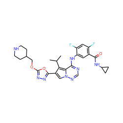 CC(C)c1c(-c2nnc(OCC3CCNCC3)o2)cn2ncnc(Nc3cc(C(=O)NC4CC4)c(F)cc3F)c12 ZINC000029127816