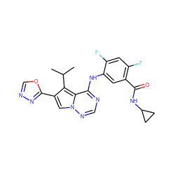 CC(C)c1c(-c2nnco2)cn2ncnc(Nc3cc(C(=O)NC4CC4)c(F)cc3F)c12 ZINC000029127780