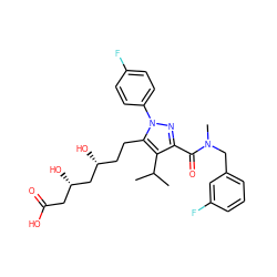 CC(C)c1c(C(=O)N(C)Cc2cccc(F)c2)nn(-c2ccc(F)cc2)c1CC[C@@H](O)C[C@@H](O)CC(=O)O ZINC000014968012