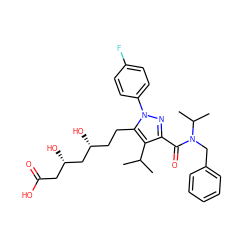 CC(C)c1c(C(=O)N(Cc2ccccc2)C(C)C)nn(-c2ccc(F)cc2)c1CC[C@@H](O)C[C@@H](O)CC(=O)O ZINC000014974347