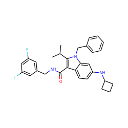 CC(C)c1c(C(=O)NCc2cc(F)cc(F)c2)c2ccc(NC3CCC3)cc2n1Cc1ccccc1 ZINC000096172189