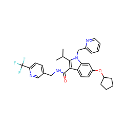 CC(C)c1c(C(=O)NCc2ccc(C(F)(F)F)nc2)c2ccc(OC3CCCC3)cc2n1Cc1ccccn1 ZINC000096172148