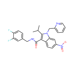 CC(C)c1c(C(=O)NCc2ccc(F)c(F)c2)c2ccc([N+](=O)[O-])cc2n1Cc1ccccn1 ZINC000096172177