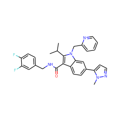 CC(C)c1c(C(=O)NCc2ccc(F)c(F)c2)c2ccc(-c3ccnn3C)cc2n1Cc1ccccn1 ZINC000096172195