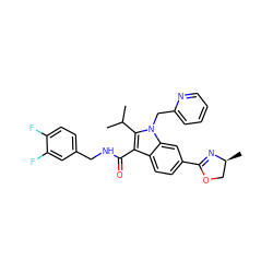 CC(C)c1c(C(=O)NCc2ccc(F)c(F)c2)c2ccc(C3=N[C@@H](C)CO3)cc2n1Cc1ccccn1 ZINC000096172114