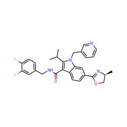 CC(C)c1c(C(=O)NCc2ccc(F)c(F)c2)c2ccc(C3=N[C@@H](C)CO3)cc2n1Cc1cccnc1 ZINC000096172117