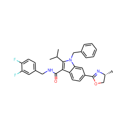 CC(C)c1c(C(=O)NCc2ccc(F)c(F)c2)c2ccc(C3=N[C@H](C)CO3)cc2n1Cc1ccccc1 ZINC000096172109