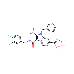 CC(C)c1c(C(=O)NCc2ccc(F)c(F)c2)c2ccc(C3=NCC(C)(C)O3)cc2n1Cc1ccccc1 ZINC000096172122