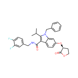 CC(C)c1c(C(=O)NCc2ccc(F)c(F)c2)c2ccc(O[C@H]3CCOC3=O)cc2n1Cc1ccccc1 ZINC000096172085