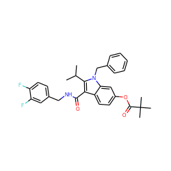 CC(C)c1c(C(=O)NCc2ccc(F)c(F)c2)c2ccc(OC(=O)C(C)(C)C)cc2n1Cc1ccccc1 ZINC000043197827