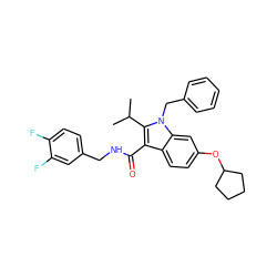 CC(C)c1c(C(=O)NCc2ccc(F)c(F)c2)c2ccc(OC3CCCC3)cc2n1Cc1ccccc1 ZINC000043197826