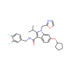 CC(C)c1c(C(=O)NCc2ccc(F)c(F)c2)c2ccc(OC3CCCC3)cc2n1Cc1ncco1 ZINC000096172198