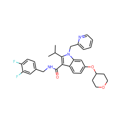 CC(C)c1c(C(=O)NCc2ccc(F)c(F)c2)c2ccc(OC3CCOCC3)cc2n1Cc1ccccn1 ZINC000096172149