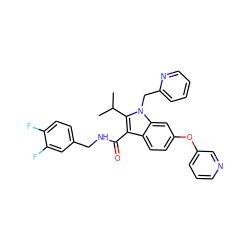 CC(C)c1c(C(=O)NCc2ccc(F)c(F)c2)c2ccc(Oc3cccnc3)cc2n1Cc1ccccn1 ZINC000096172206