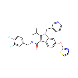 CC(C)c1c(C(=O)NCc2ccc(F)c(F)c2)c2ccc(Oc3nccs3)cc2n1Cc1cccnc1 ZINC000096172156