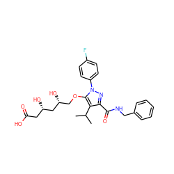 CC(C)c1c(C(=O)NCc2ccccc2)nn(-c2ccc(F)cc2)c1OC[C@@H](O)C[C@@H](O)CC(=O)O ZINC000014967851