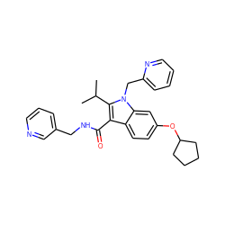 CC(C)c1c(C(=O)NCc2cccnc2)c2ccc(OC3CCCC3)cc2n1Cc1ccccn1 ZINC000096172228