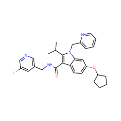 CC(C)c1c(C(=O)NCc2cncc(F)c2)c2ccc(OC3CCCC3)cc2n1Cc1ccccn1 ZINC000096172152