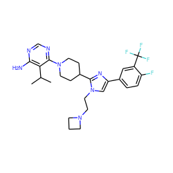 CC(C)c1c(N)ncnc1N1CCC(c2nc(-c3ccc(F)c(C(F)(F)F)c3)cn2CCN2CCC2)CC1 ZINC000218709196