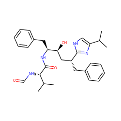 CC(C)c1c[nH]c([C@H](Cc2ccccc2)C[C@H](O)[C@H](Cc2ccccc2)NC(=O)[C@@H](NC=O)C(C)C)n1 ZINC000026489149