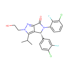 CC(C)c1c2c(nn1CCO)C(=O)N(c1cccc(Cl)c1F)[C@@H]2c1ccc(Cl)c(F)c1 ZINC000206160931