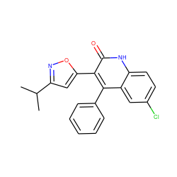 CC(C)c1cc(-c2c(-c3ccccc3)c3cc(Cl)ccc3[nH]c2=O)on1 ZINC000029126652