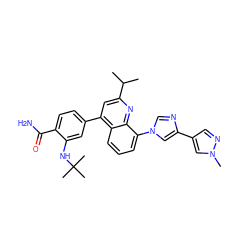 CC(C)c1cc(-c2ccc(C(N)=O)c(NC(C)(C)C)c2)c2cccc(-n3cnc(-c4cnn(C)c4)c3)c2n1 ZINC000145593175