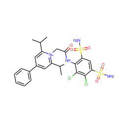 CC(C)c1cc(-c2ccccc2)cc(C(C)C)[n+]1CC(=O)Nc1c(S(N)(=O)=O)cc(S(N)(=O)=O)c(Cl)c1Cl ZINC000026750200