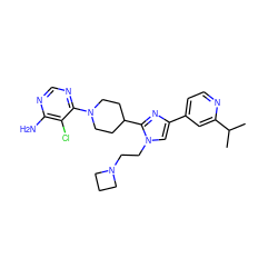 CC(C)c1cc(-c2cn(CCN3CCC3)c(C3CCN(c4ncnc(N)c4Cl)CC3)n2)ccn1 ZINC001772574357