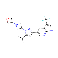 CC(C)c1cc(-c2cnc3[nH]cc(C(F)(F)F)c3c2)nn1C1CN(C2COC2)C1 ZINC000146514822