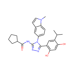 CC(C)c1cc(-c2nnc(NC(=O)C3CCCC3)n2-c2ccc3c(ccn3C)c2)c(O)cc1O ZINC000115808572