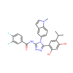 CC(C)c1cc(-c2nnc(NC(=O)c3ccc(F)c(F)c3)n2-c2ccc3c(ccn3C)c2)c(O)cc1O ZINC000115811538