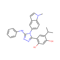 CC(C)c1cc(-c2nnc(Nc3ccccc3)n2-c2ccc3c(ccn3C)c2)c(O)cc1O ZINC000115809486