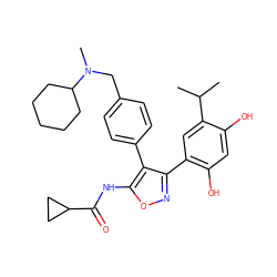 CC(C)c1cc(-c2noc(NC(=O)C3CC3)c2-c2ccc(CN(C)C3CCCCC3)cc2)c(O)cc1O ZINC000299838613