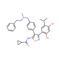 CC(C)c1cc(-c2noc(NC(=O)C3CC3)c2-c2ccc(CN(C)CCc3ccccc3)cc2)c(O)cc1O ZINC000299839339