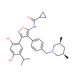 CC(C)c1cc(-c2noc(NC(=O)C3CC3)c2-c2ccc(CN3C[C@@H](C)C[C@@H](C)C3)cc2)c(O)cc1O ZINC000299835209