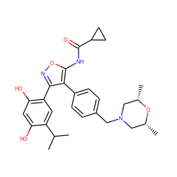 CC(C)c1cc(-c2noc(NC(=O)C3CC3)c2-c2ccc(CN3C[C@H](C)O[C@H](C)C3)cc2)c(O)cc1O ZINC000299835756