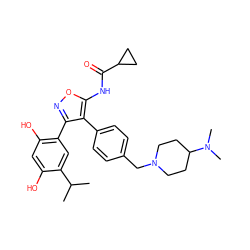 CC(C)c1cc(-c2noc(NC(=O)C3CC3)c2-c2ccc(CN3CCC(N(C)C)CC3)cc2)c(O)cc1O ZINC000299837035