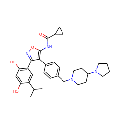 CC(C)c1cc(-c2noc(NC(=O)C3CC3)c2-c2ccc(CN3CCC(N4CCCC4)CC3)cc2)c(O)cc1O ZINC000299831643