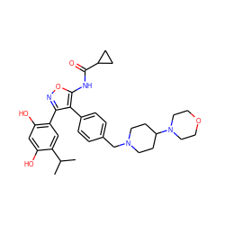 CC(C)c1cc(-c2noc(NC(=O)C3CC3)c2-c2ccc(CN3CCC(N4CCOCC4)CC3)cc2)c(O)cc1O ZINC000299836528