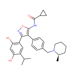 CC(C)c1cc(-c2noc(NC(=O)C3CC3)c2-c2ccc(CN3CCCC[C@H]3C)cc2)c(O)cc1O ZINC000299835750