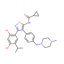 CC(C)c1cc(-c2noc(NC(=O)C3CC3)c2-c2ccc(CN3CCN(C)CC3)cc2)c(O)cc1O ZINC000299838950