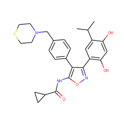 CC(C)c1cc(-c2noc(NC(=O)C3CC3)c2-c2ccc(CN3CCSCC3)cc2)c(O)cc1O ZINC000299837974