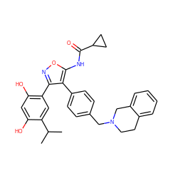 CC(C)c1cc(-c2noc(NC(=O)C3CC3)c2-c2ccc(CN3CCc4ccccc4C3)cc2)c(O)cc1O ZINC000299837872