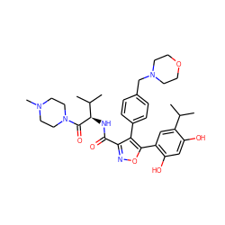 CC(C)c1cc(-c2onc(C(=O)N[C@@H](C(=O)N3CCN(C)CC3)C(C)C)c2-c2ccc(CN3CCOCC3)cc2)c(O)cc1O ZINC001772576490